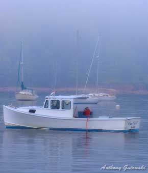 View of Maine lobster boats in misty Bar Harbor, Maine waters